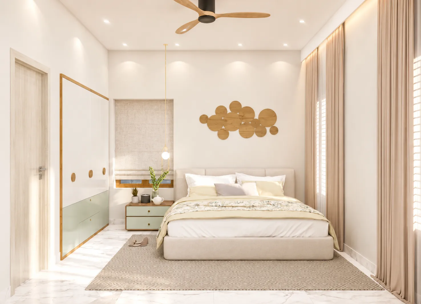 Bedroom with layered lighting and soft finishes
