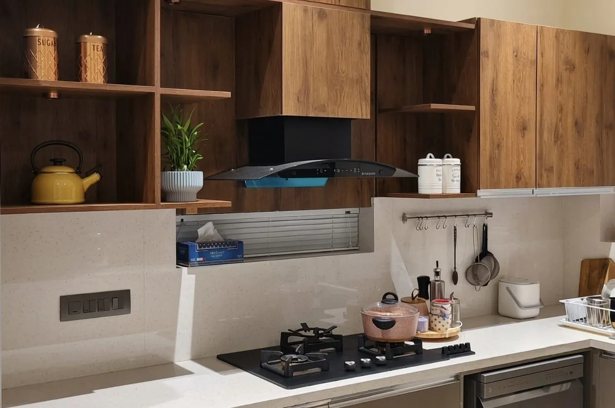 Open plan kitchen with island counter
