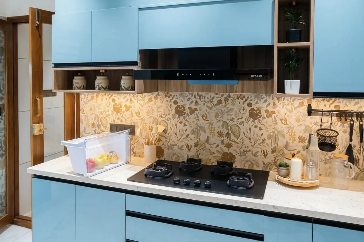 Kitchen with stone worktop and open shelving